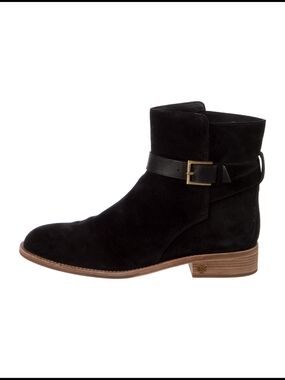 Tory Birch Black Suede Ankle Boot with Gold Buckle